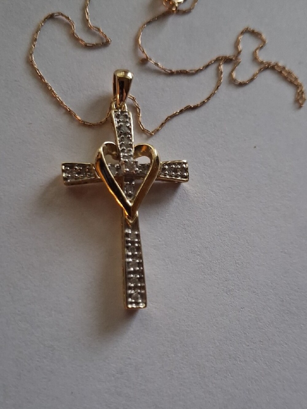 10 Kt. Gold Cross Pendant Necklace with Heart Accent 20 Inch Chain - Picture 3 of 7